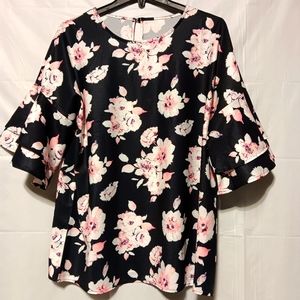 EUC Women's Elbow Bell Sleeve Blouse,  Black with Blush Pink Floral, XL